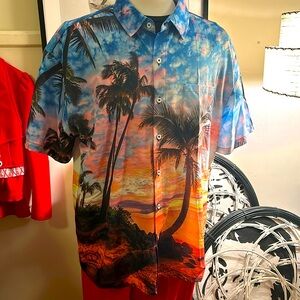 Striking Sunset Palm trees Hawaiian Tiki luau style shirt